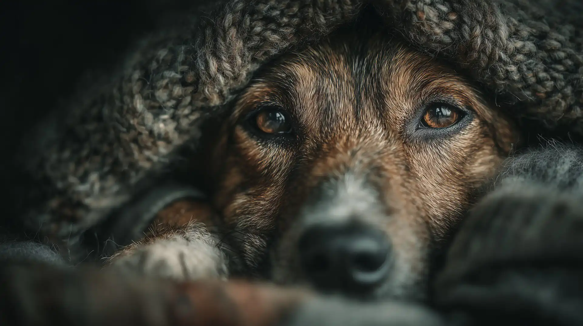 rescued dog wrapped in a blanket looking safe and comforted after being taken in by a rescue organization